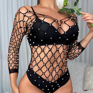 Zie Door Verleiding Bodysuit Pure Grote Mesh Vrouwelijke Hete Transparante Glanzende Lovertjes Visnet Vrouwen Strass Sexy Lingerie - Product Image 1