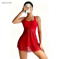 AMCLEVER 2026 Maillot de bain une pièce amincissant et modeste pour femme, couleur unie, push-up, avec dentelle et jupe transparente, logo personnalisé OME