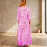 Robe longue rose imprimée 100 % coton, col en V, manches trois quarts, coupe trapèze, décontractée, ethnique, vintage, modeste, formelle pour femme
