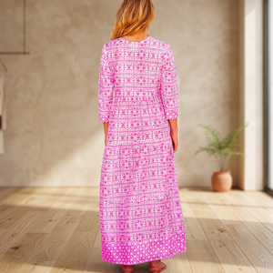 Robe longue rose imprimée 100 % coton, col en V, manches trois quarts, coupe trapèze, décontractée, ethnique, vintage, modeste, formelle pour femme - Product Image 3