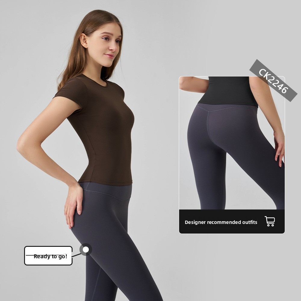 SNU's New Nude-feel Spandex/Nylon Yoga Short-sleeve Tight-Fitting Top for Women Summer Running Sports T-shirt Slimming High-end