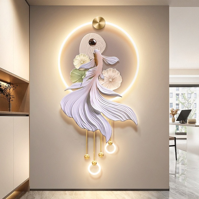 Luxury Cream Style Lucky Koi Wall Art 3D Textured LED Landscape Paintings Light Mural Relief Effect Factory Direct Wholesale
