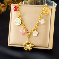 GOODLUCK mode coréenne frais doux multi-éléments accessoires fleur goutte d'huile pendentif rond collier en acier inoxydable