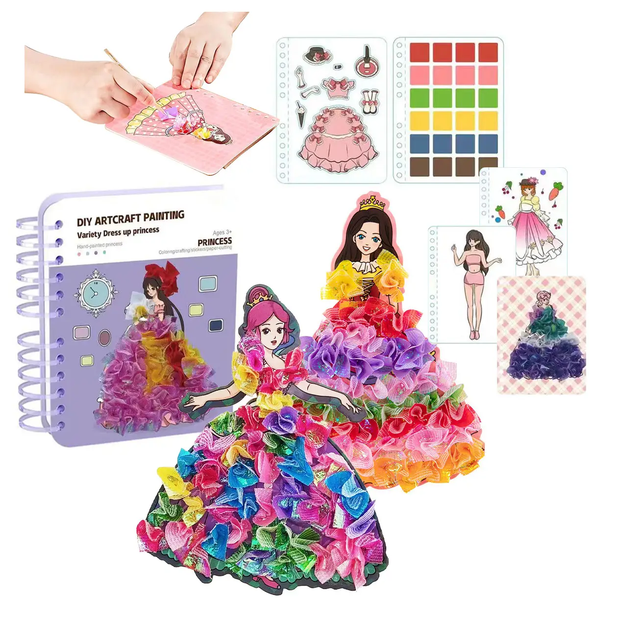 Paper Puncture Art Frenzy, Kids Princess Dress-up Poking Fabric Painting Craft Activity Book for Girls with Stickers