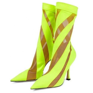 Botines de Tacón Alto con Punta Puntiaguda y Diseño de Rayas en Patchwork, Moda Primavera Verano 2022, Botines Cortos Transpirables y Suaves para Mujer, Talla 45 - Product Image 1