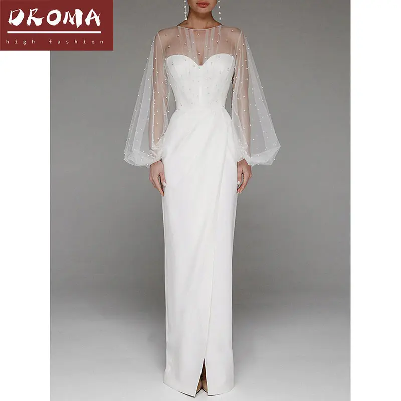 Droma 2022 new design fashion slim sexy strapless pearl buttock luxury modest bridal wedding dress with lace sleeves