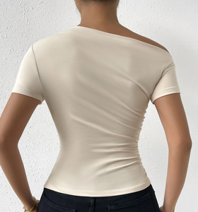T-shirts décontractés d'été vintage pour femmes, élégants, à une épaule, manches courtes, coupe ajustée, haut régulier, vente en gros, soie de lait 100% polyester - Product Image 2