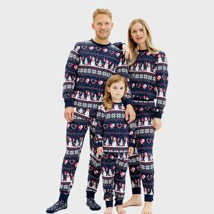 Pijamas Navideños Familiares de Algodón Azul con Logotipo Personalizado al por Mayor, Pijamas de Bambú para Niños, Conjuntos de Pijamas Familiares a Juego - Product Image 1