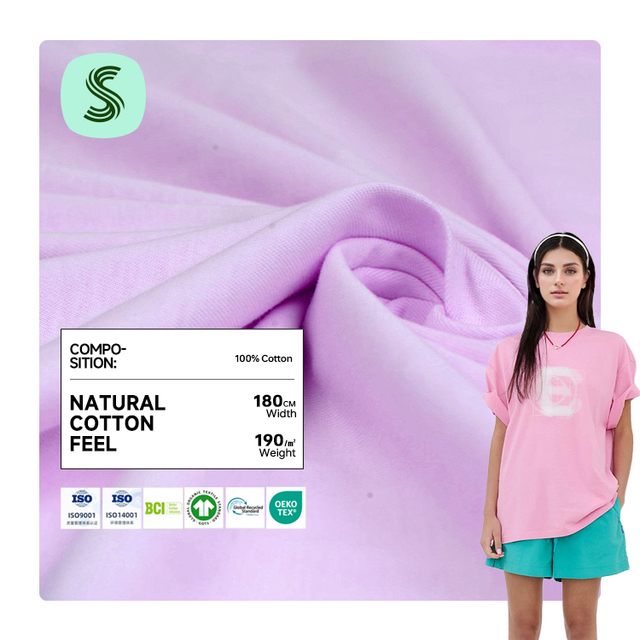 Moisture Wicking Plain Weave 190gsm High Comfort Level Breathable Solid Colors 100% Cotton Jersey Knit Material Fabric