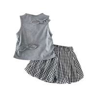 Ensemble 2 pièces pour petite fille : débardeur gris sans manches orné d'un nœud + jupe écossaise noire et blanche, avec logo au dos, lavable, 3-8 ans