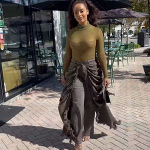 欧美女装高腰牛仔裤新款女装时尚个性百褶拉丝边直筒裤 - Product Image 2