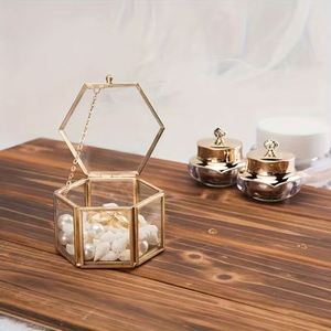 Caja de Vidrio Hexagonal Multiusos con Marco de Metal Dorado, Estuche para Joyas, Almacenamiento Transparente para Relojes, Monedas, Llaves, Organizador de Recuerdos Pequeños - Product Image 5