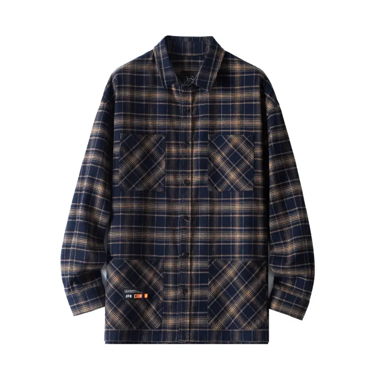 Wholesale men's casual plaid shirt oversize brown pocket shirt for daily