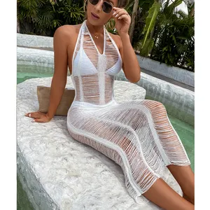 Women Summer Beach Clothes 2022 Swimsuit Beach Wear Hand Crochet Halter Backless Dress Ladies Sexy Hollow Out Bikini Cover Ups
