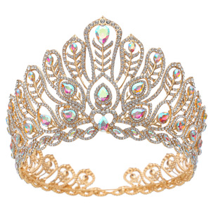 Couronne de concours de beauté de luxe plaquée or avec plumes de paon et cristaux, diadème multicolore en strass pour mariage et coiffe de mariée - Product Image 6