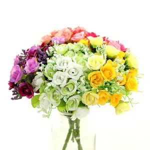 뜨거운 한국어 인공 꽃 작은 장미 꽃 봉 오리 7 가지 21 머리 실크 장미 Fakeflower 사진 소품 웨딩 부케