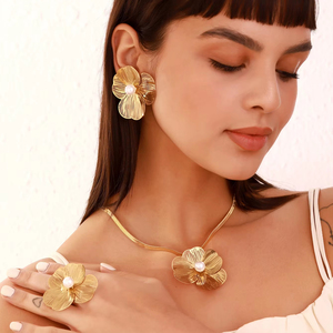 Fatingna Hoa Lá Hoa Ngọc Trai Tua Bông Tai Vòng Cổ Bộ Thép Không Gỉ Kim Loại Kết Cấu Mạ Vàng Engagement Đảng Quà Tặng Đám Cưới - Product Image 1