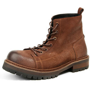 Botas de Trabajo para Hombre, Estilo Vintage, con Punta Redonda, de Cuero de Ante Encerado, Suela Gruesa, Color Marrón Mate - Product Image 1