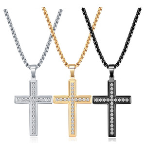 Diamond-<b>Studded</b> Cross Necklace Stainless Steel Pendant 26mm Pave Setting <b>For</b> <b>Men</b> Gift Daily Wear - Product Image 1