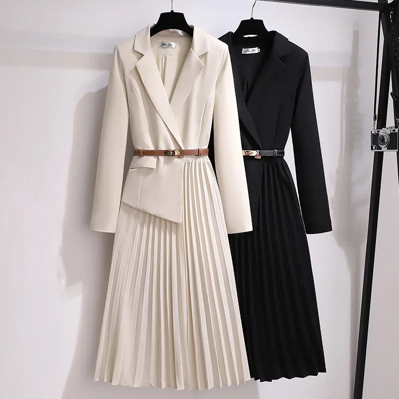 Fashion Formal Clothes Long Sleeve Pleated Suit Dress Solid Color Office Lady Professional Business Midi Long Casual Dresses