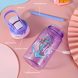 Botella de agua infantil ecológica sin BPA con diseño de dibujos animados, 480 ml, con pajita, tapa abatible a prueba de fugas, para la escuela, deportes al aire <span class=keywords><strong>libre</strong></span> - Product Image 5