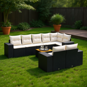 Conjunto de Sofá de Jardín Negro y Crema, Mimbre Sintético para Exteriores con Cojines de Espuma de Alta Densidad, Diseño Contemporáneo Impermeable - Product Image 2