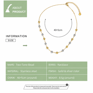 Collier à chaîne de perles bicolore en acier inoxydable plaqué or 14K sous vide, réglable 40+5 cm, design sans pendentif - Product Image 3