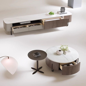 <span class=keywords><strong>Tavolino</strong></span> da Caffè in Ardesia con Mobile <span class=keywords><strong>TV</strong></span> Combinato, Design Rotondo, Lusso Leggero e Raffinato per Soggiorno, con Mobile Laterale - Product Image 4