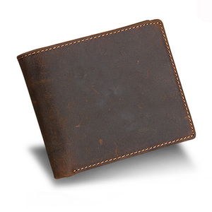 Cartera corta personalizada de cuero genuino de grano completo marrón para hombre, cartera plegable de cuero puro con bloqueo Anti Rfid Crazy Horse para hombre - Product Image 1