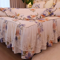 Ensemble de literie en coton 100% 40S à motifs floraux, jupe de lit à volants en dentelle avec attaches antidérapantes, style princesse, 4 pièces