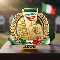 Médaille d'or personnalisée en bronze pour le tir IDPA, récompense Tuscia Land 2026 Tier II avec ruban vert et drapeau italien pour tournoi