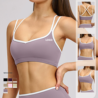 Sport Bra Wanita Warna Nude Model Color Block, Cepat Kering, Ketat, Punggung Silang, Tank Top untuk Lari, Gym, Yoga, dan Layering Sehari-hari