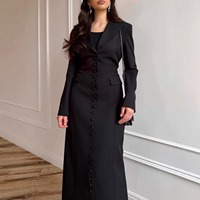 RO998 Vêtements islamiques de luxe pour femmes, Blazer à col, faux boutons, manches longues, ourlet à franges, Abaya, robe de bureau décontractée et élégante