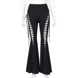 Viviblook Z106PT01 Nouveau pantalon évasé à taille haute en dentelle à œillets punk, pantalon évasé gothique à découpes pour femmes - Product Image 5