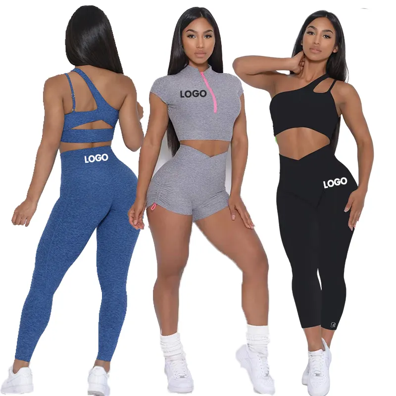 2022 Frauen Neuankömmling Custom Logo Pantalones Cortos de Yoga Conjuntos Kleidung Spandex Workout Sexy One Shoulder Active wear Set