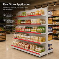 Étagère Gondole Double Face en Métal Gris Clair avec Panneau Perforé et Bordure Rouge – Présentoir Léger à Installation Rapide pour Supermarché, Empilable