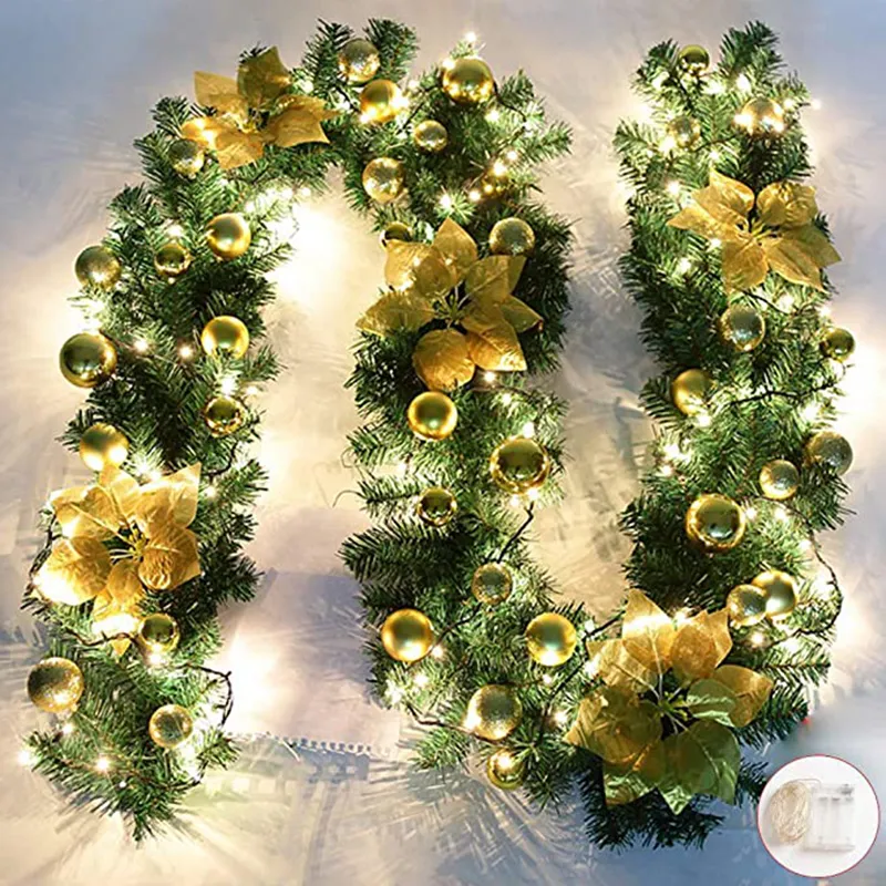 2.7M Christmas LED Rattan Garland Decorative Green Christmas Garland Artificial Xmas Tree Rattan Banner Decoration Wreath