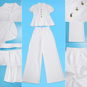 S11215 Tenues d'été pour femmes, haut élégant à manches bouffantes boutonnées + pantalon droit, ensemble deux pièces, vêtements de bureau - Product Image 6