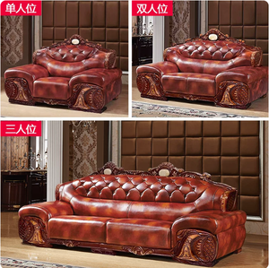 European American First Layer Cowhide Solid Wood Small Apartment Three Seater <b>U</b> Shaped Retro <b>Living</b> Room Genuine Leather Sofa - Product Image 6