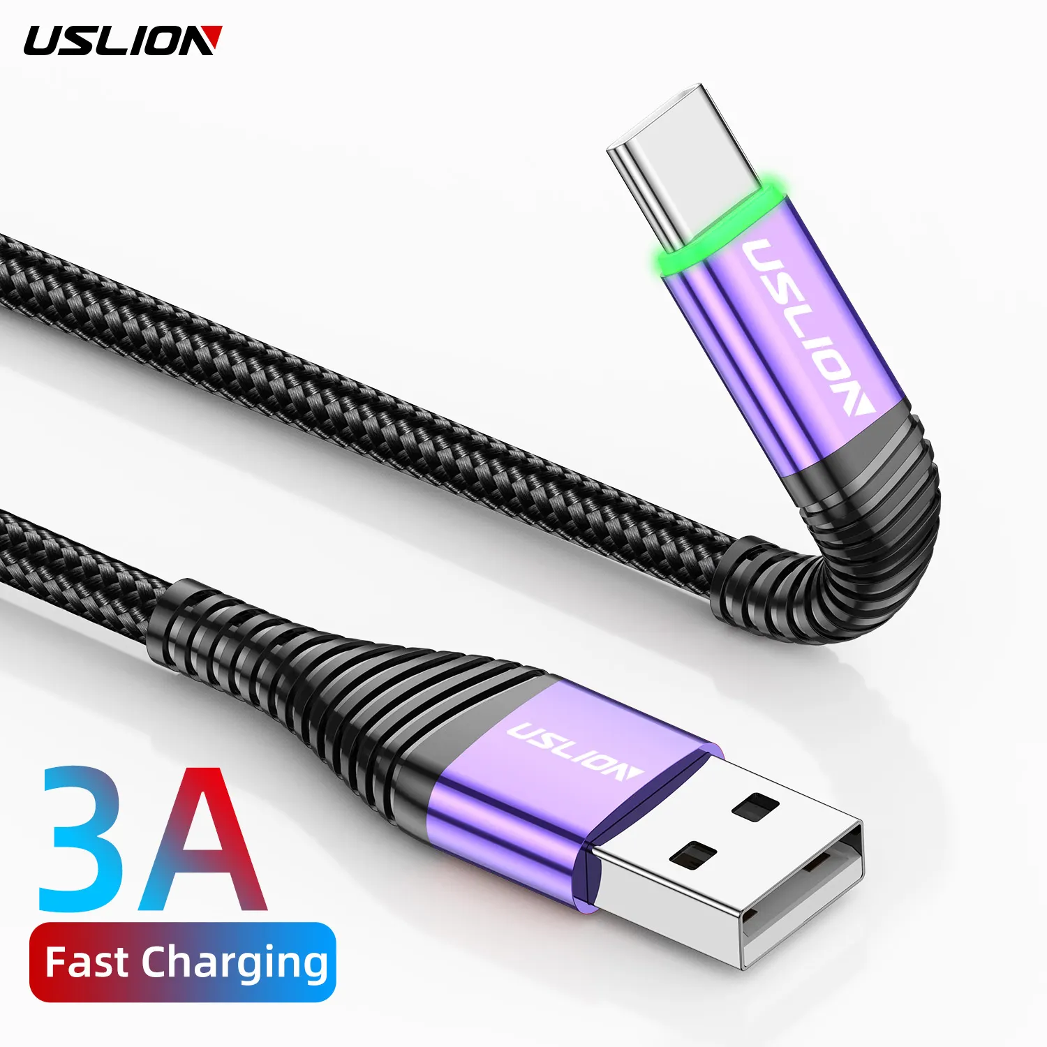 USLION 3A Fast Charging Green LED Data Charger Cable Micro USB Type C Data Cable Mobile Phone USB Cable For Samsung