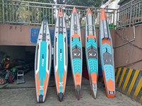 Planche de paddle gonflable Inflatogo 14' Race Board pour lacs et rivières, construction en PVC Drop Stitch, écologique, pliable, kit de réparation, pompe
