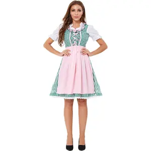Green Plaid German Beer Wench Costume Adult Traditional Bavarian Dirndl Dress With Apron Beer Maid Costume