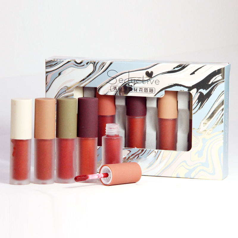 Ready to ship Beauty Makeup Fluid Mist Matte Lip Glaze Set with Frosted Tube 5 Colors in a box