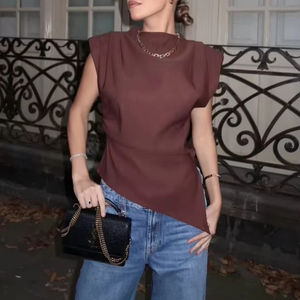 Mujeres moda plisado decorativo acolchado hombro Top cuello alto sin mangas Top diseñador camisetas - Product Image 1