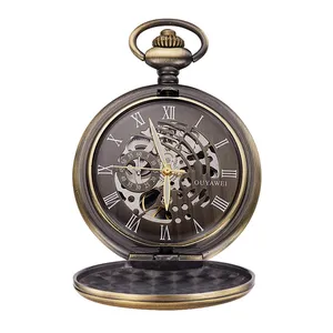 OUYAWEI 브랜드 기계식 포켓 시계 남성 전체 스틸 케이스 포켓 시계 아날로그 실버 화이트 다이얼 빈티지 남성 시계