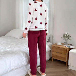 Flannel khối màu in hình trái tim dài tay áo Bộ đồ ngủ dày Bộ Mùa thu mùa đông ấm áp phụ nữ quần áo nhà - Product Image 2