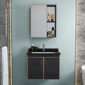 Mueble de baño nórdico moderno de aluminio gris, montado en la pared, con espejo y lavabo de cerámica de una pieza. - Product Image 1
