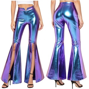 Womens Metallic Flare Pants High Waist V Notch Front Slit Bell Bottom <b>Disco</b> 70s Club Festival Party Holographic <b>Trousers</b> Custom - Product Image 2