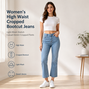 Jeans a Vita Alta Elasticizzati a Zampa d'Elefante, Lunghezza alla Caviglia, in Denim Stonewashed di Cotone, Stile Casual Vintage per Donna - Product Image 2