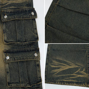 Ingrosso Washed <span class=keywords><strong>Old</strong></span>-pocket in poliestere <span class=keywords><strong>Denim</strong></span> pieghe moda Street Wear drappeggio larghi pantaloni dritti da uomo - Product Image 5